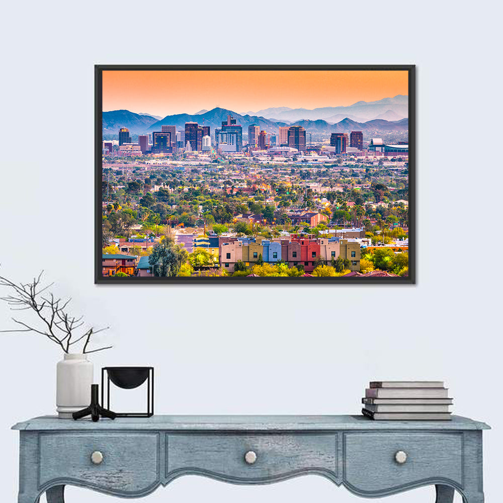 Phoenix Golden Hour Cityscape Wall Art in a room, landscape