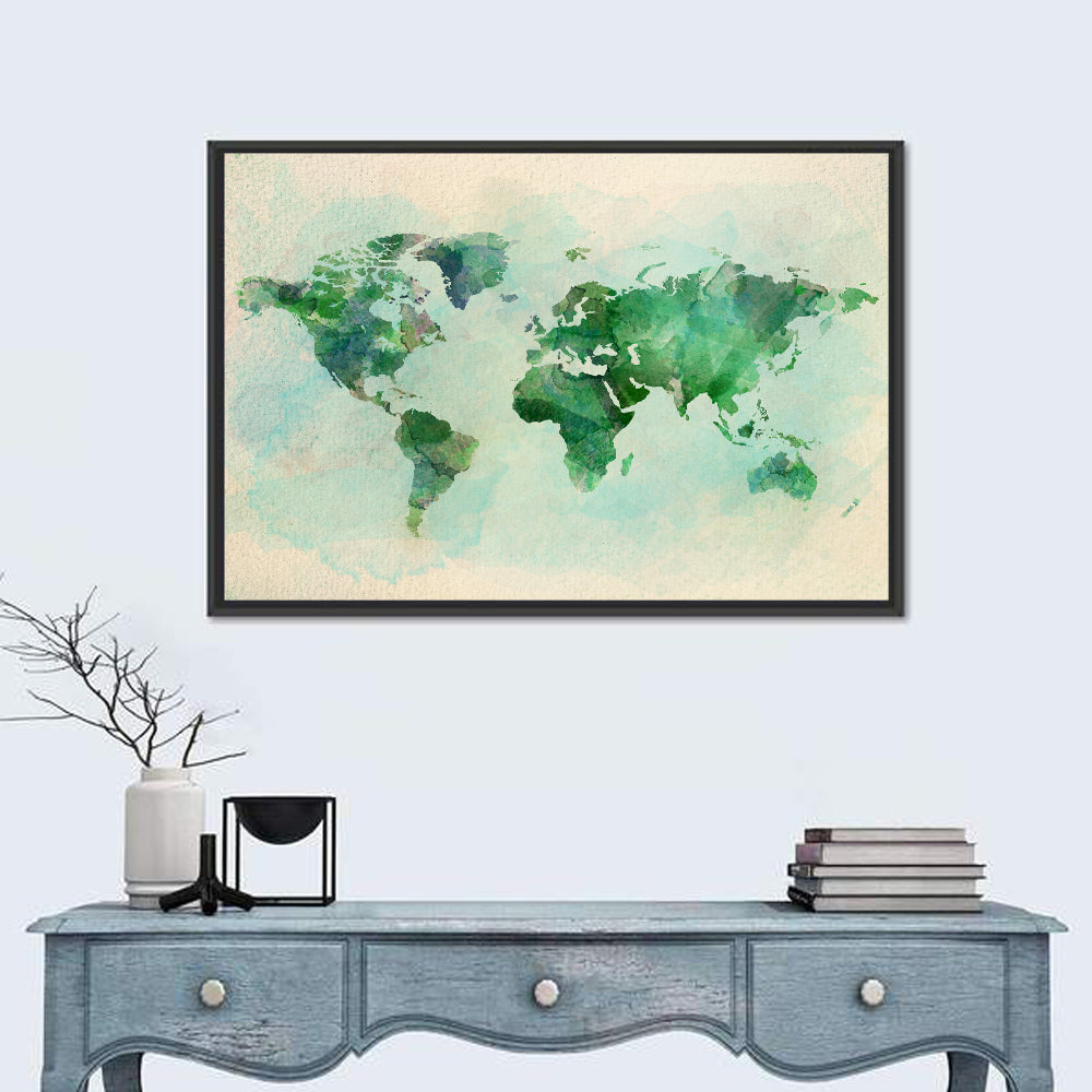 Green Watercolor World Map Wall Art in a room, landscape