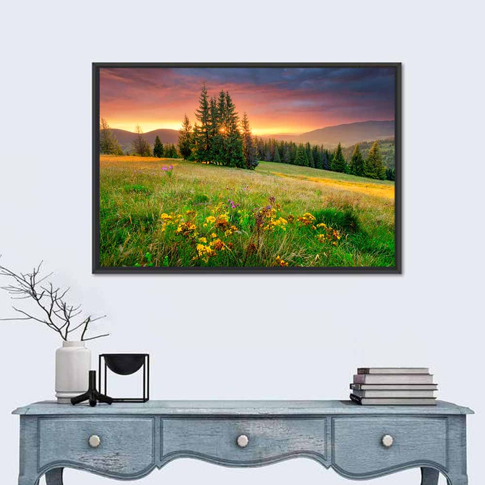 Sunset Meadow with Wildflowers Wall Art in a room, landscape