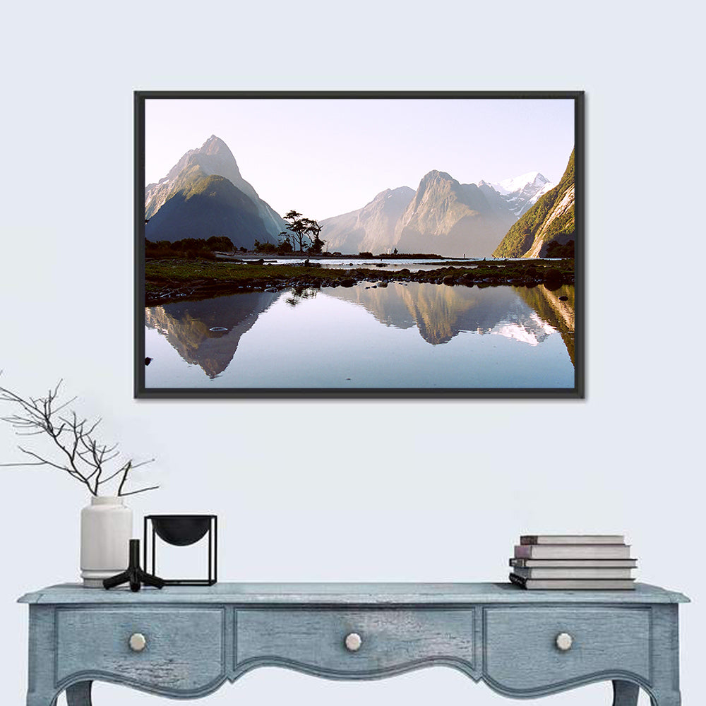Mitre Peak Reflection at Milford Sound Wall Art in a room, landscape