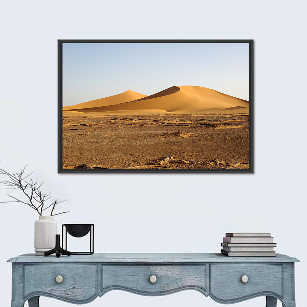 Golden Hour Desert Dunes Wall Art in a room, landscape