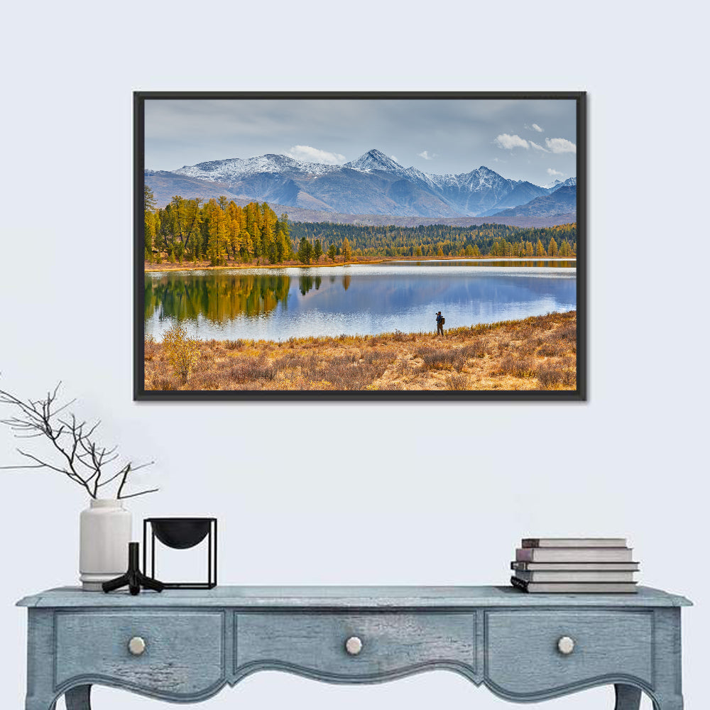 Autumn Mountain Lake Reflection Wall Art in a room, landscape
