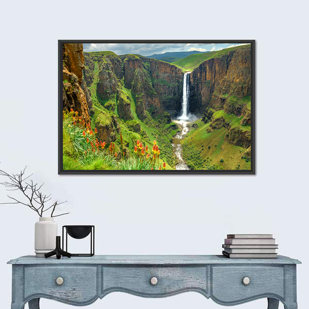 Maletsunyane Falls with Torch Lilies Wall Art in a room, landscape