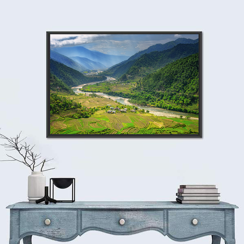 Punakha River Valley with Terraced Rice Fields Wall Art in a room, landscape