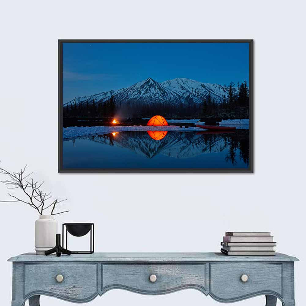 Glowing Tent at Mountain Lake Wall Art in a room, landscape