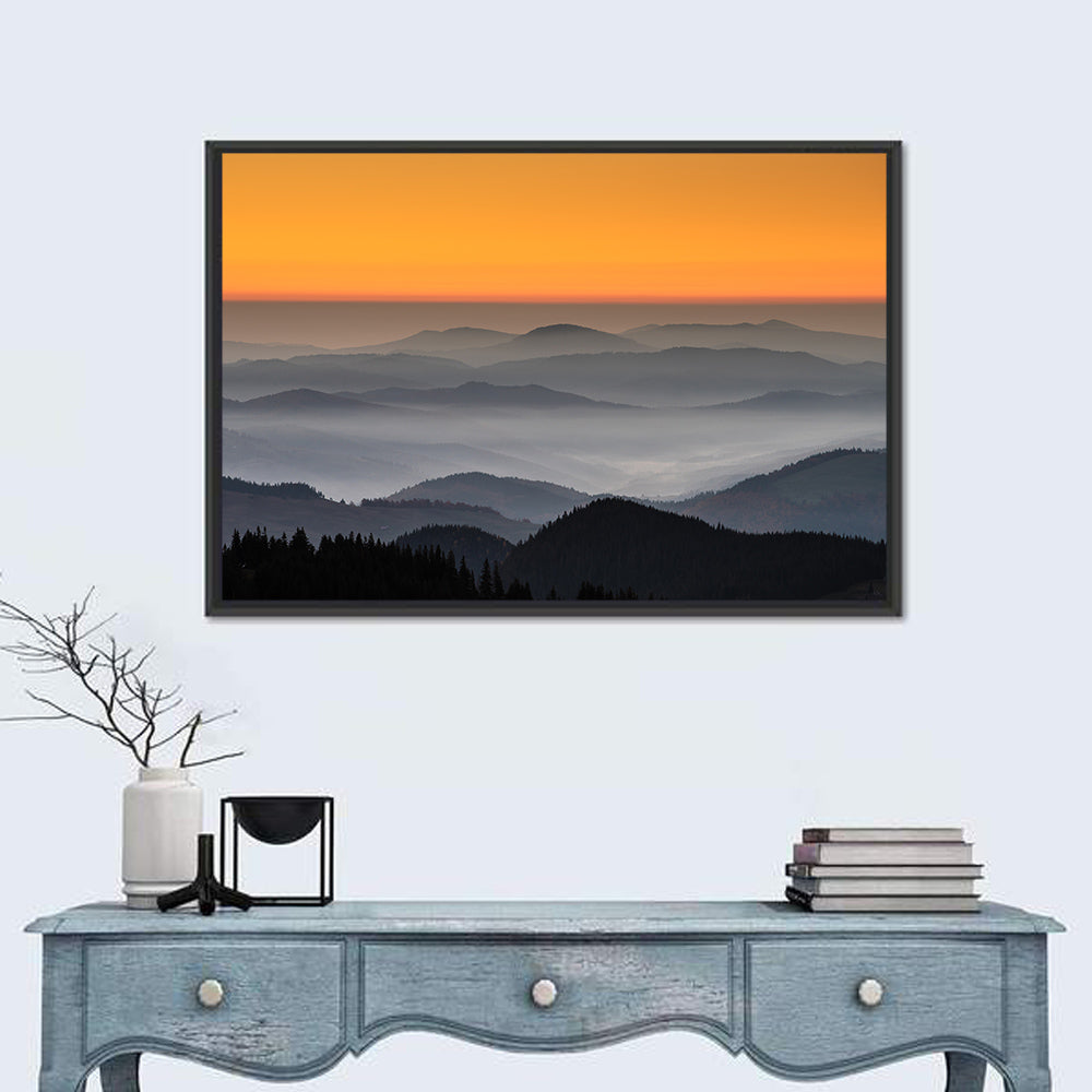 Rarau Mountains Sunrise Wall Art in a room, landscape