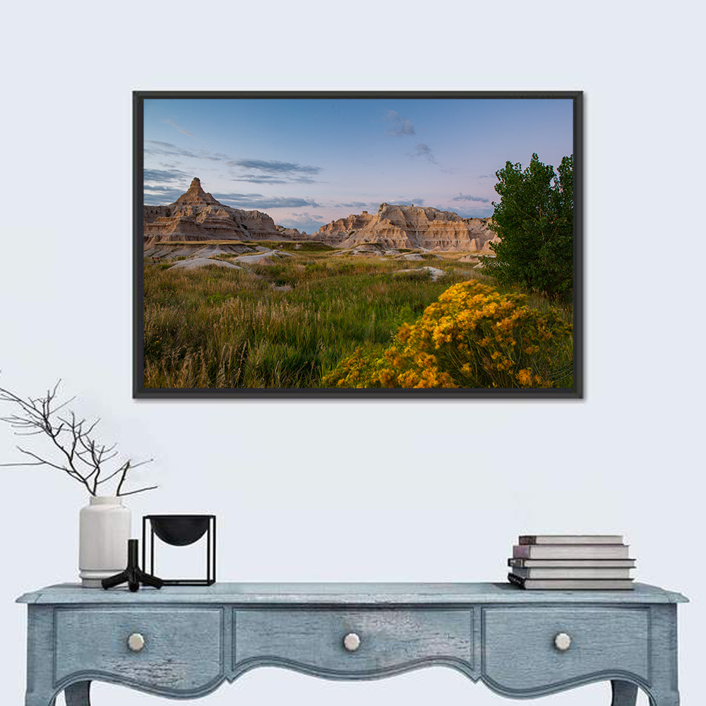 Badlands Golden Hour Meadow Wall Art in a room, landscape