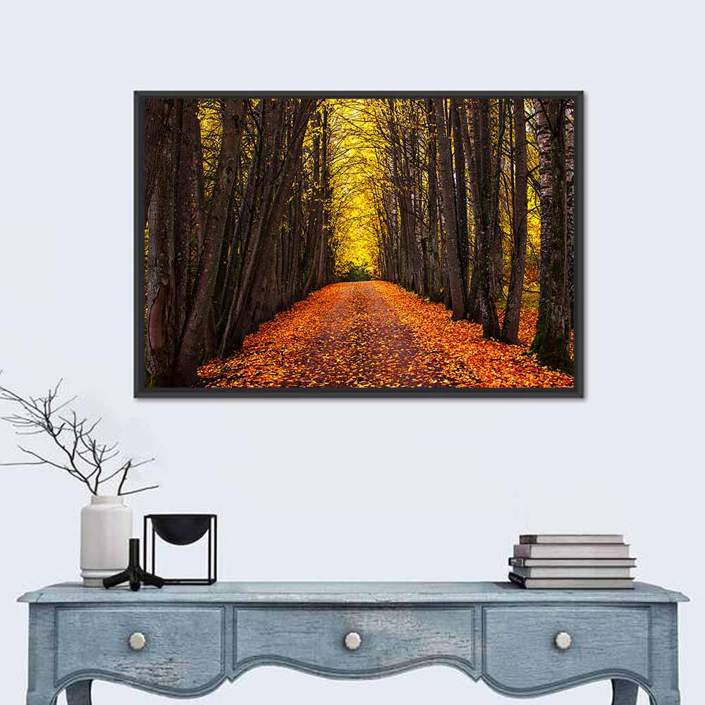 Autumn Park Path Under Yellow Canopy Wall Art in a room, landscape