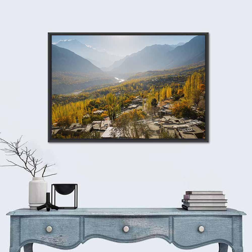 Hunza Valley Autumn Landscape Wall Art in a room, landscape