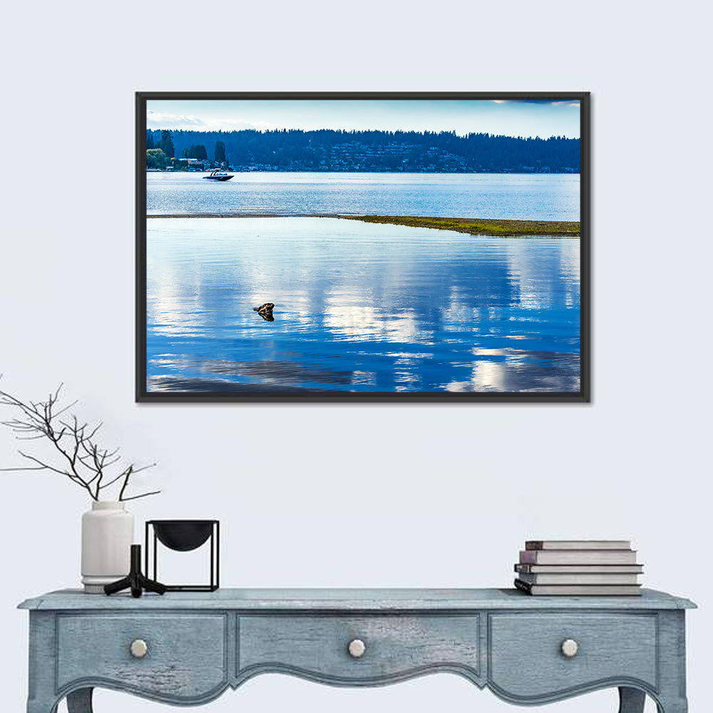Lake Sammamish Reflection Wall Art in a room, landscape