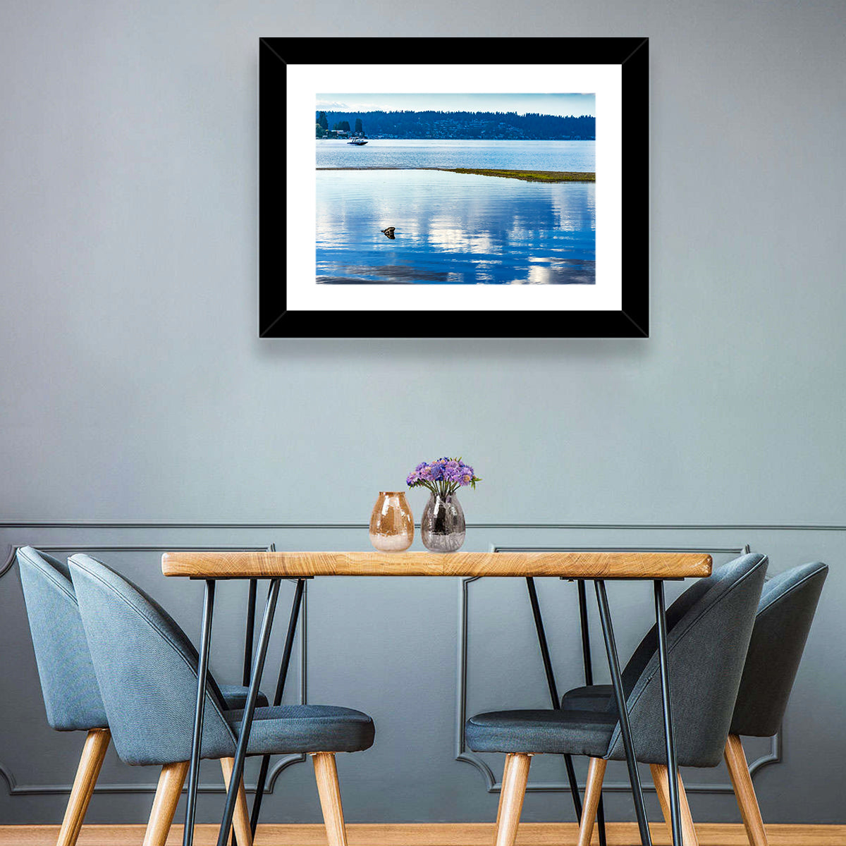 Lake Sammamish Reflection Wall Art in a room, landscape