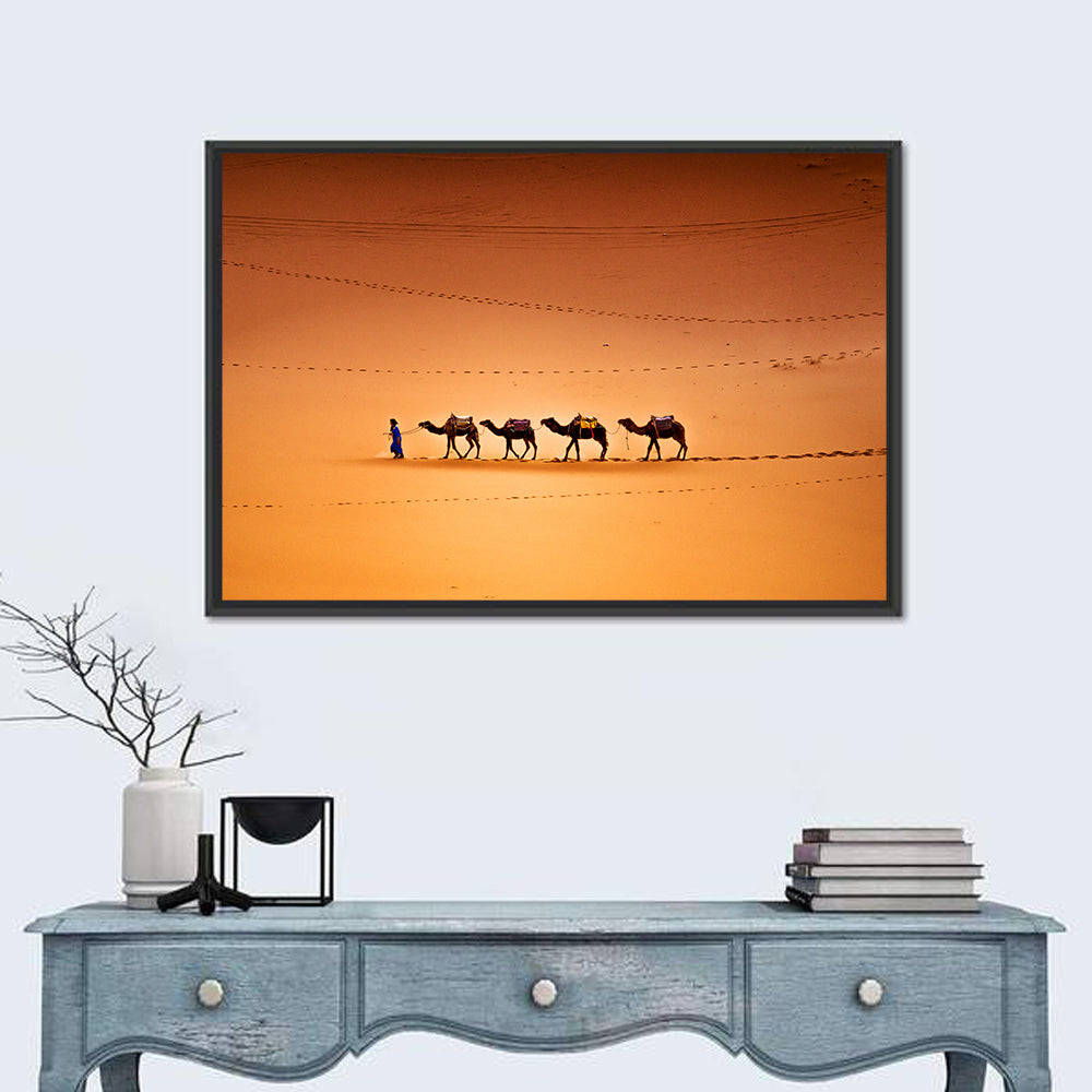 Sahara Camel Caravan Wall Art in a room, landscape