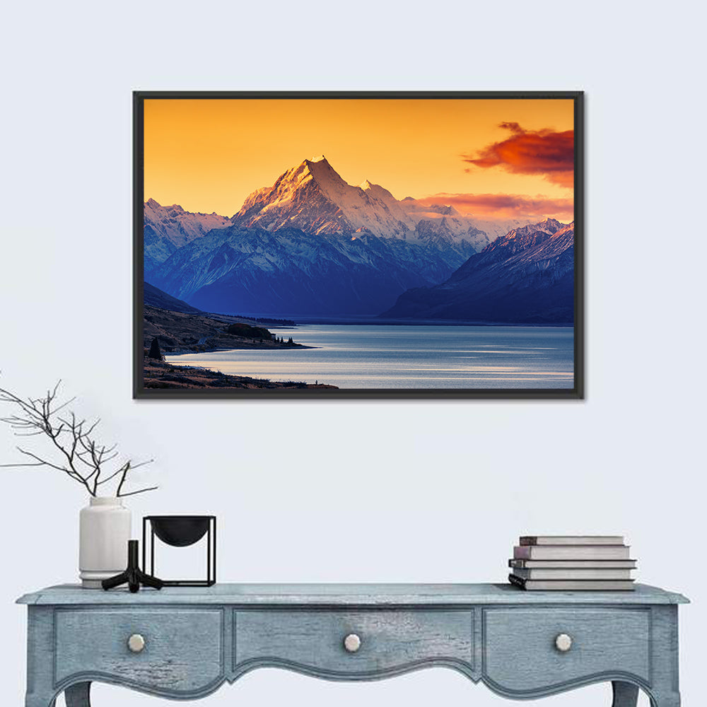 Aoraki Mount Cook Over Lake Pukaki Wall Art in a room, landscape