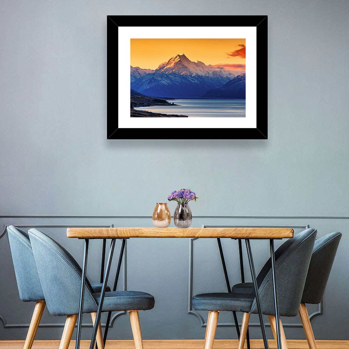 Aoraki Mount Cook Over Lake Pukaki Wall Art in a room, landscape