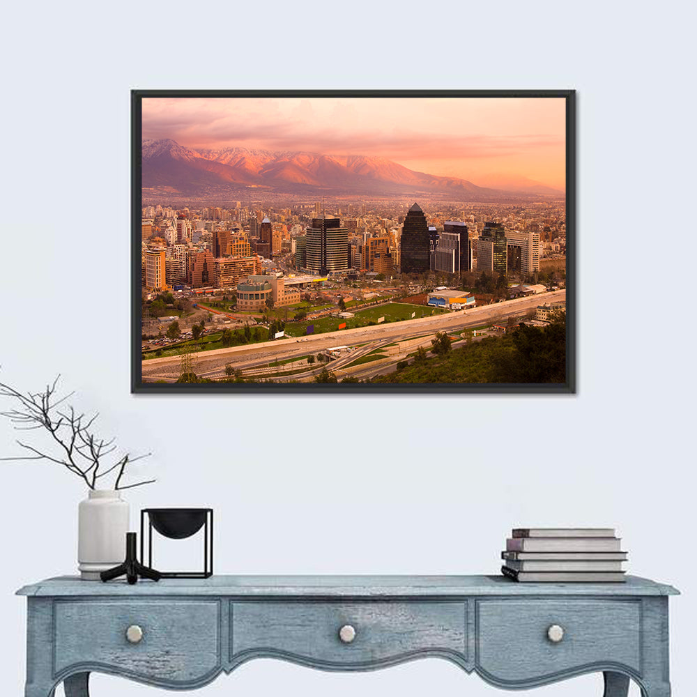 Santiago Skyline at Sunset Wall Art in a room, landscape