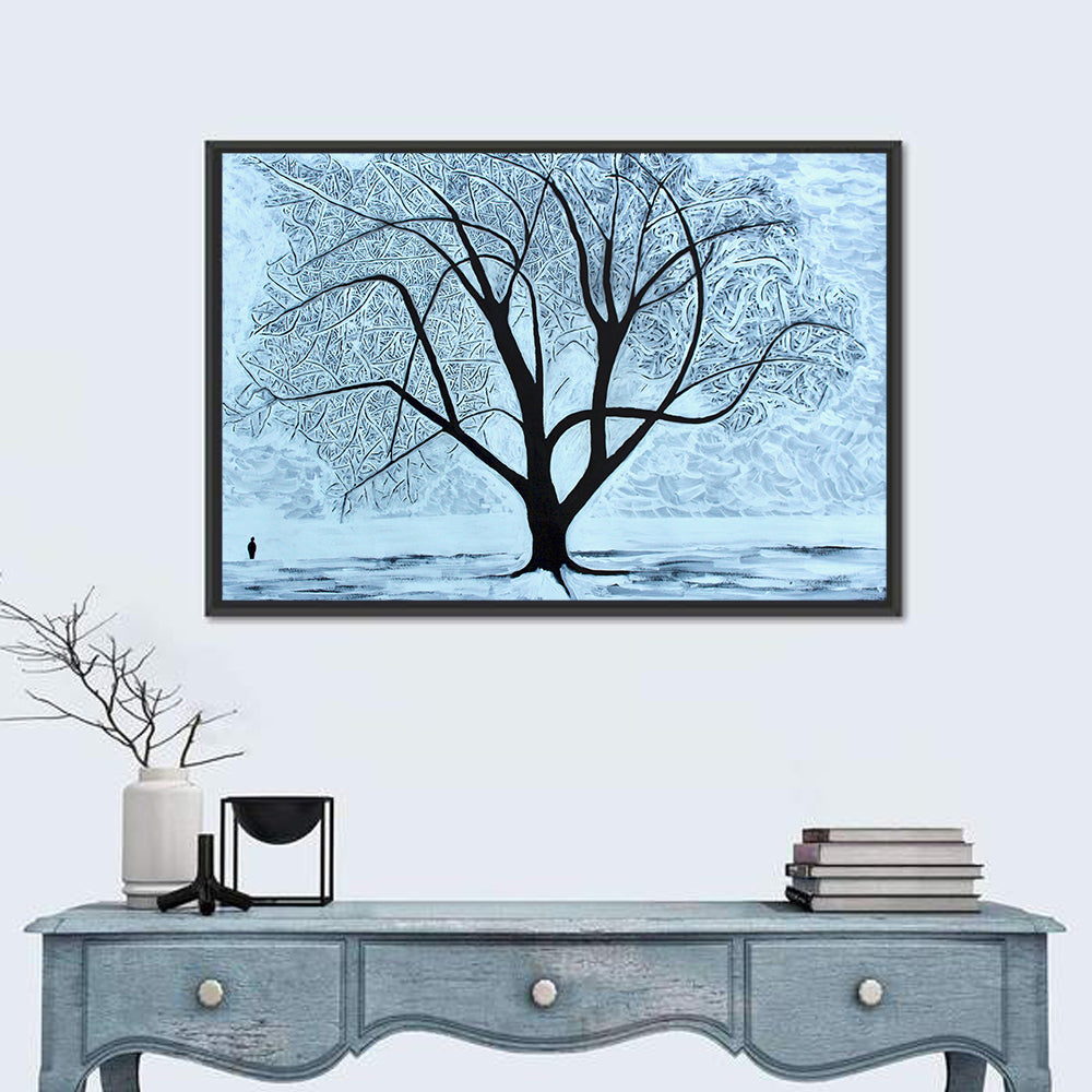 Snow Covered Tree Silhouette Wall Art in a room, landscape
