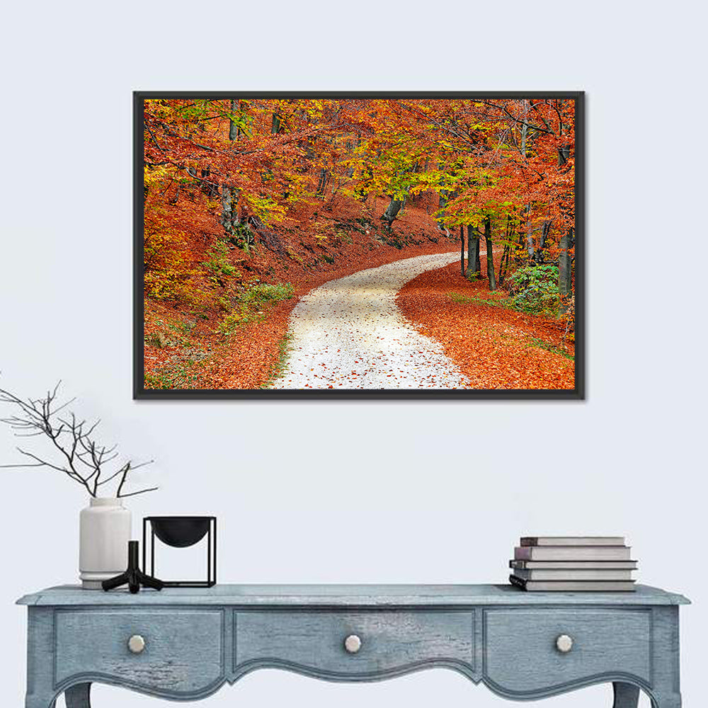 Misty Gravel Path Through Autumn Trees Wall Art in a room, landscape