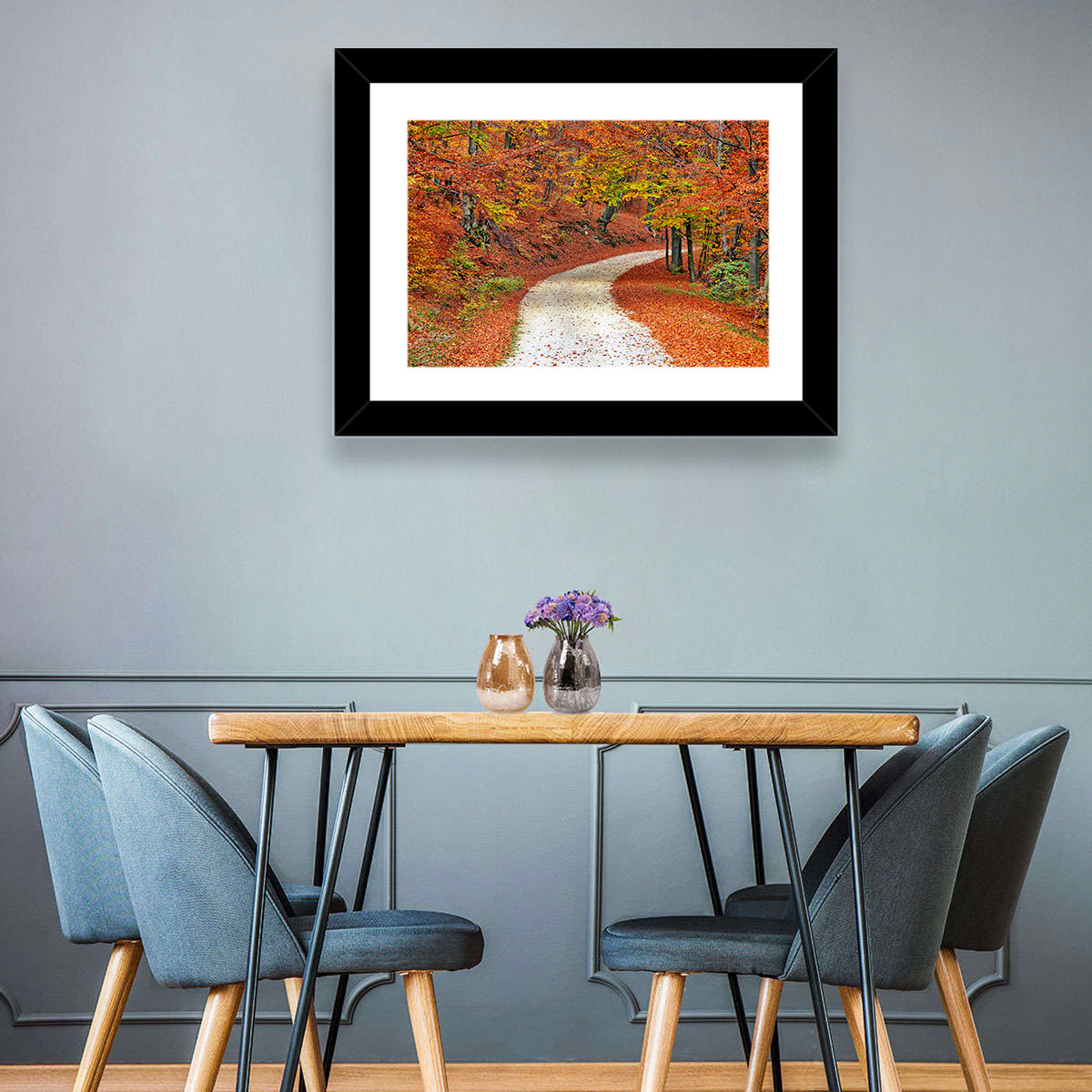 Misty Gravel Path Through Autumn Trees Wall Art in a room, landscape