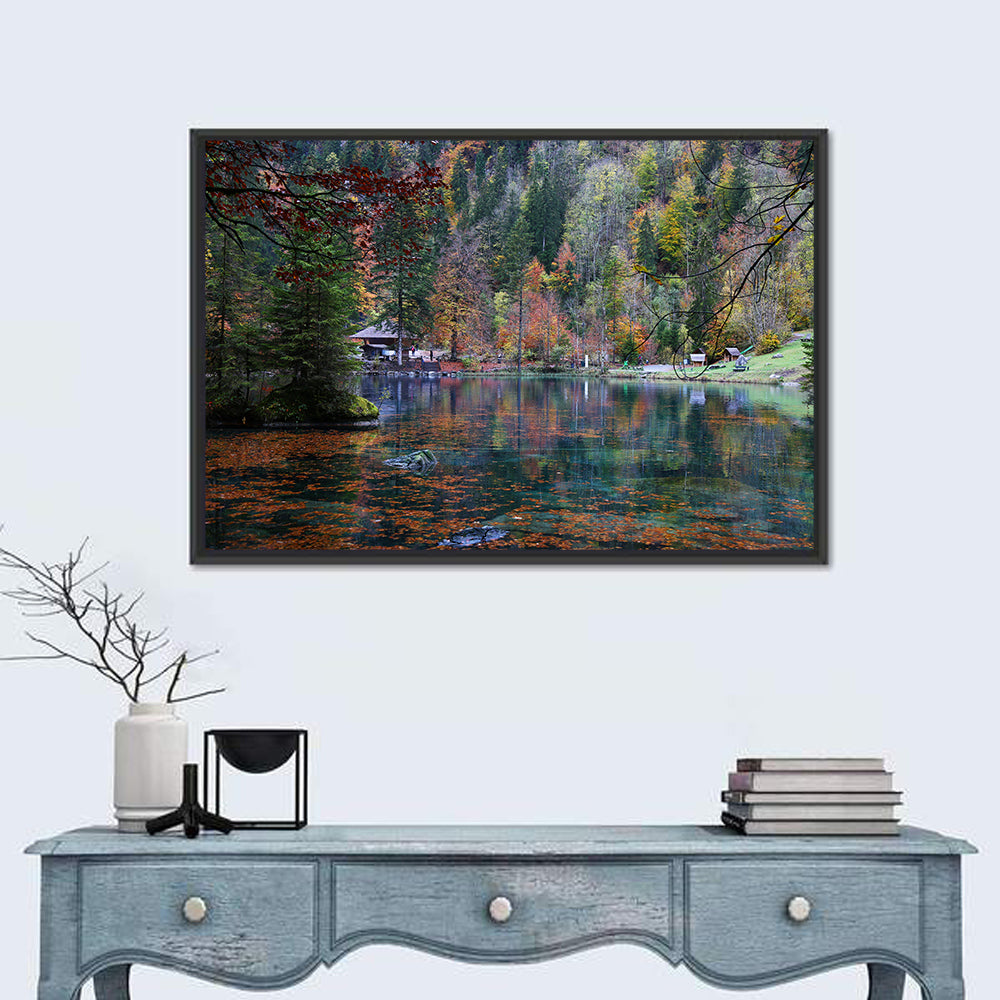 Blausee Lake Reflections Wall Art in a room, landscape