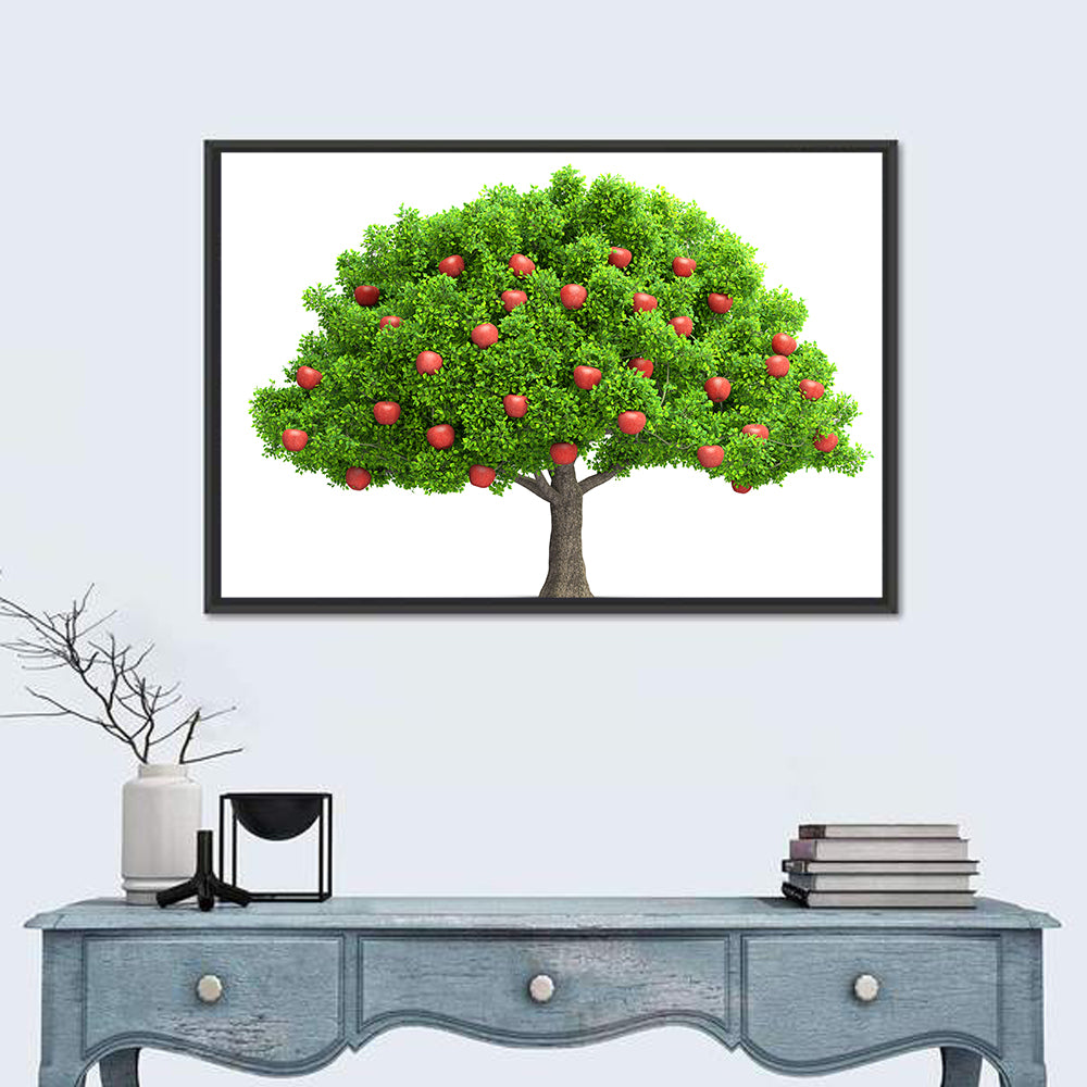 Bright Red Apple Tree Illustration Wall Art in a room, landscape