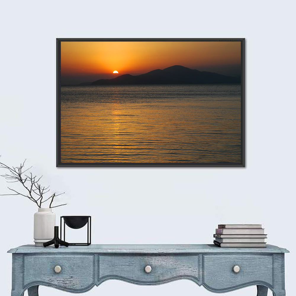 Lake Sevan Sunset Reflection Wall Art in a room, landscape