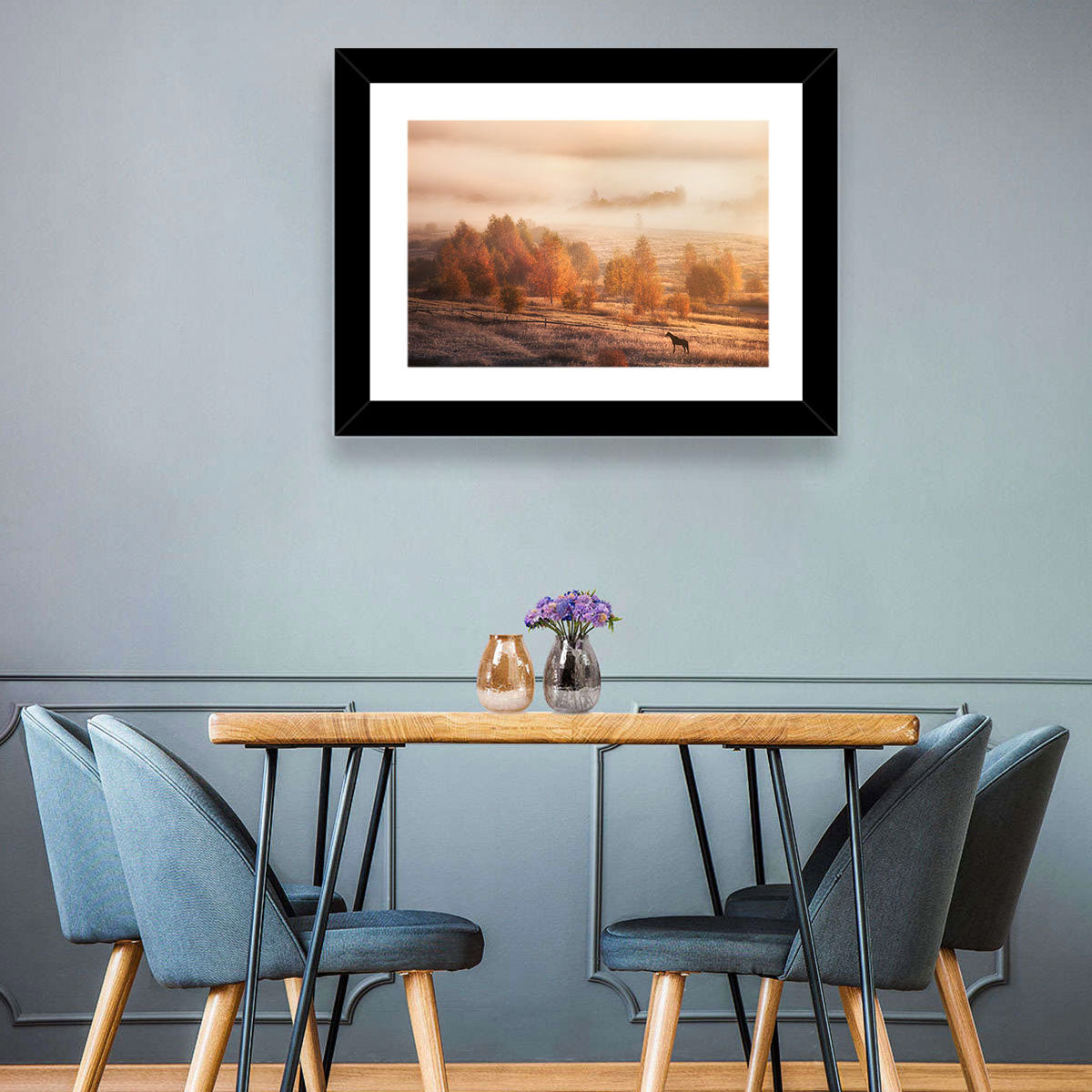 Autumn Morning Horse Silhouette Wall Art in a room, landscape