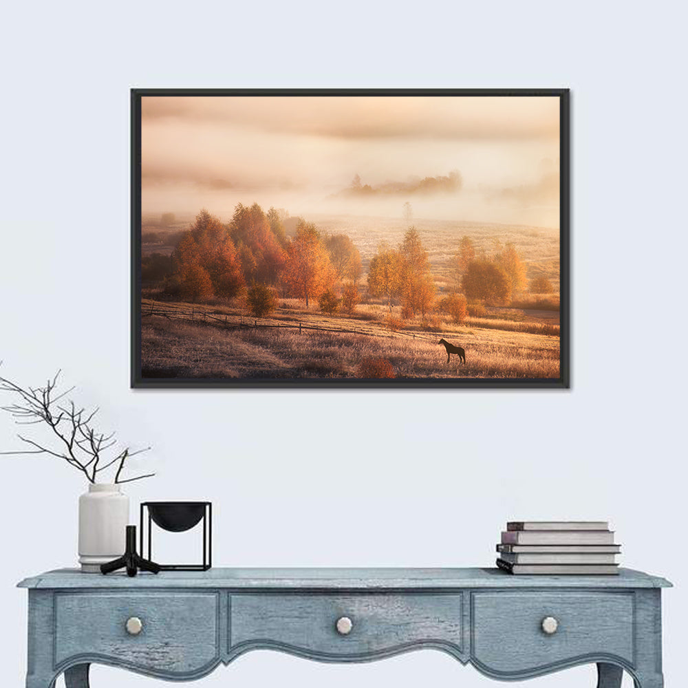 Autumn Morning Horse Silhouette Wall Art in a room, landscape