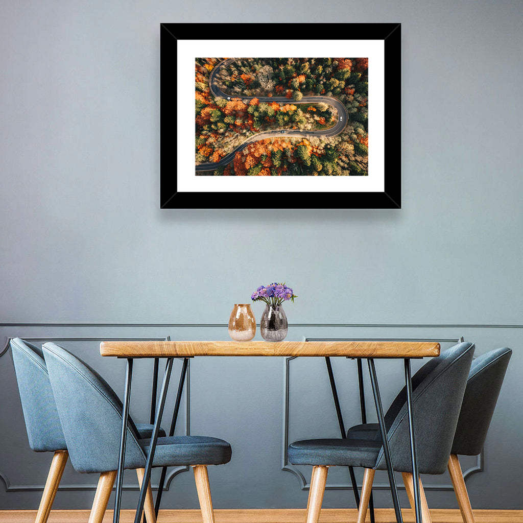 Aerial Winding Autumn Forest Road Wall Art