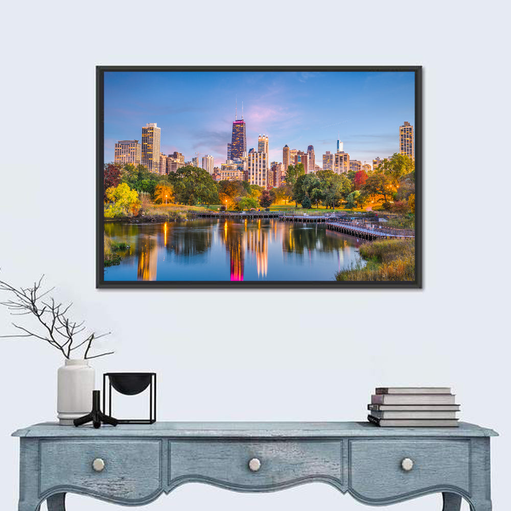 Chicago Skyline at Twilight Wall Art in a room, landscape