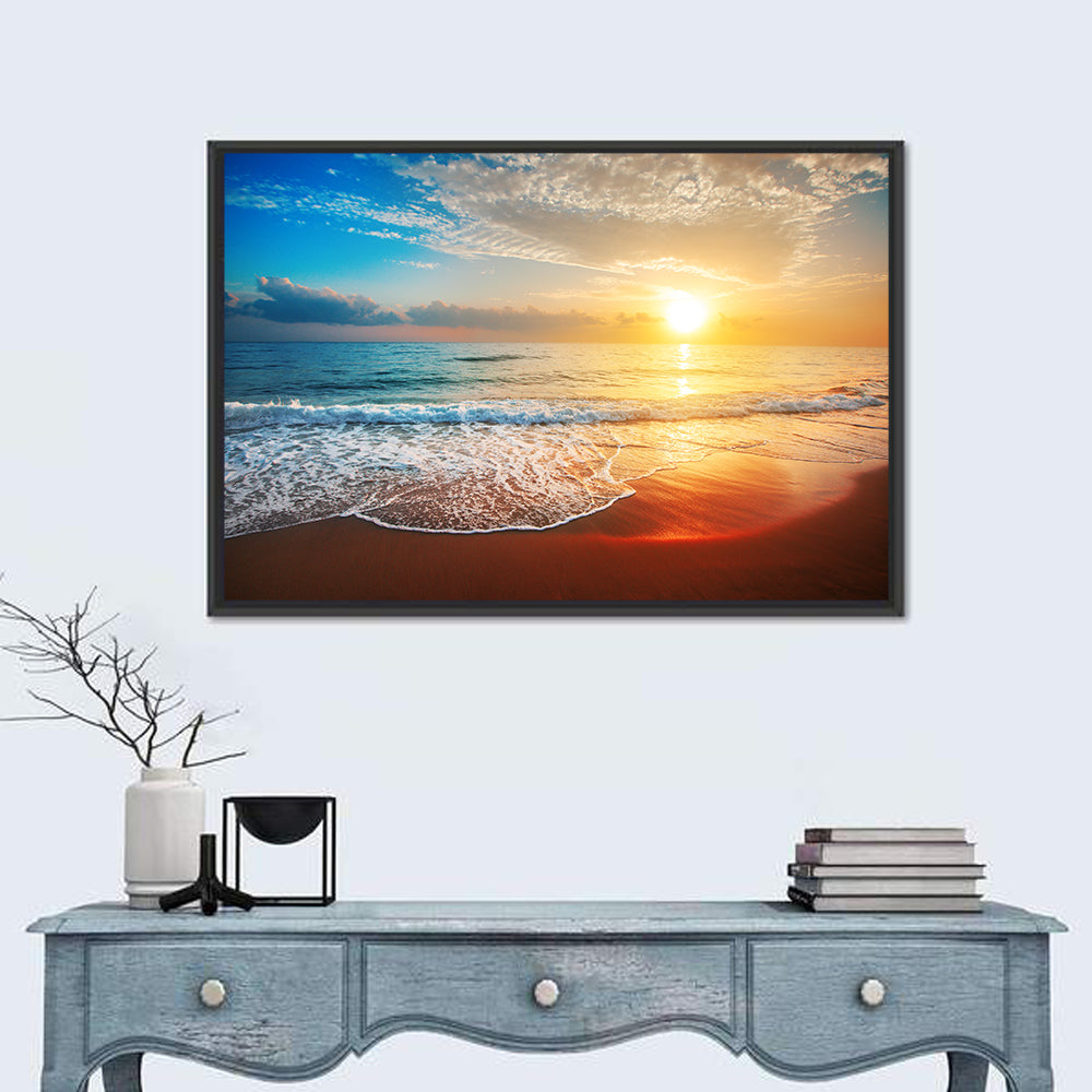 Golden Sea Sunset Wall Art in a room, landscape