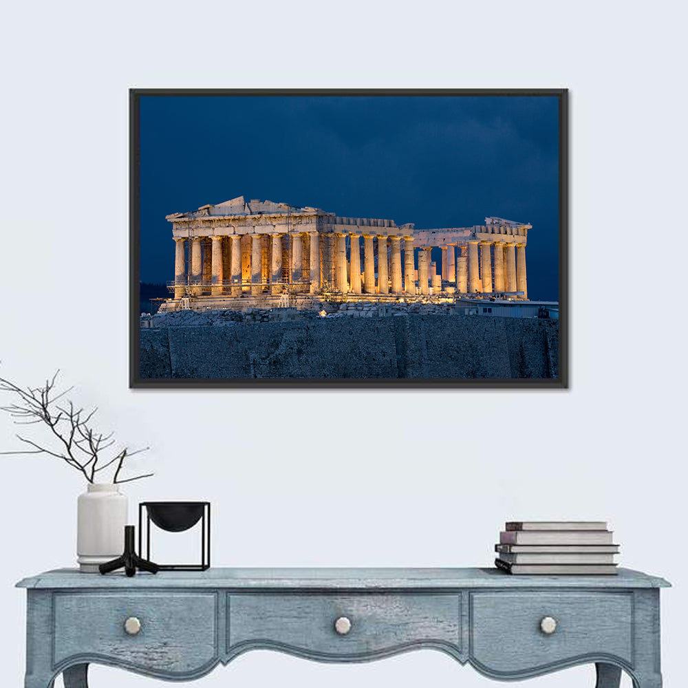 Illuminated Parthenon at Night Wall Art in a room, landscape