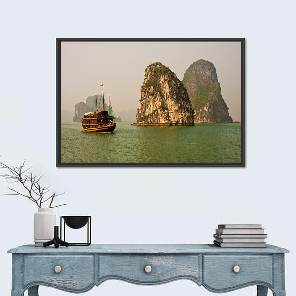 Ha Long Bay Junk Boat and Karst Cliffs Wall Art in a room, landscape
