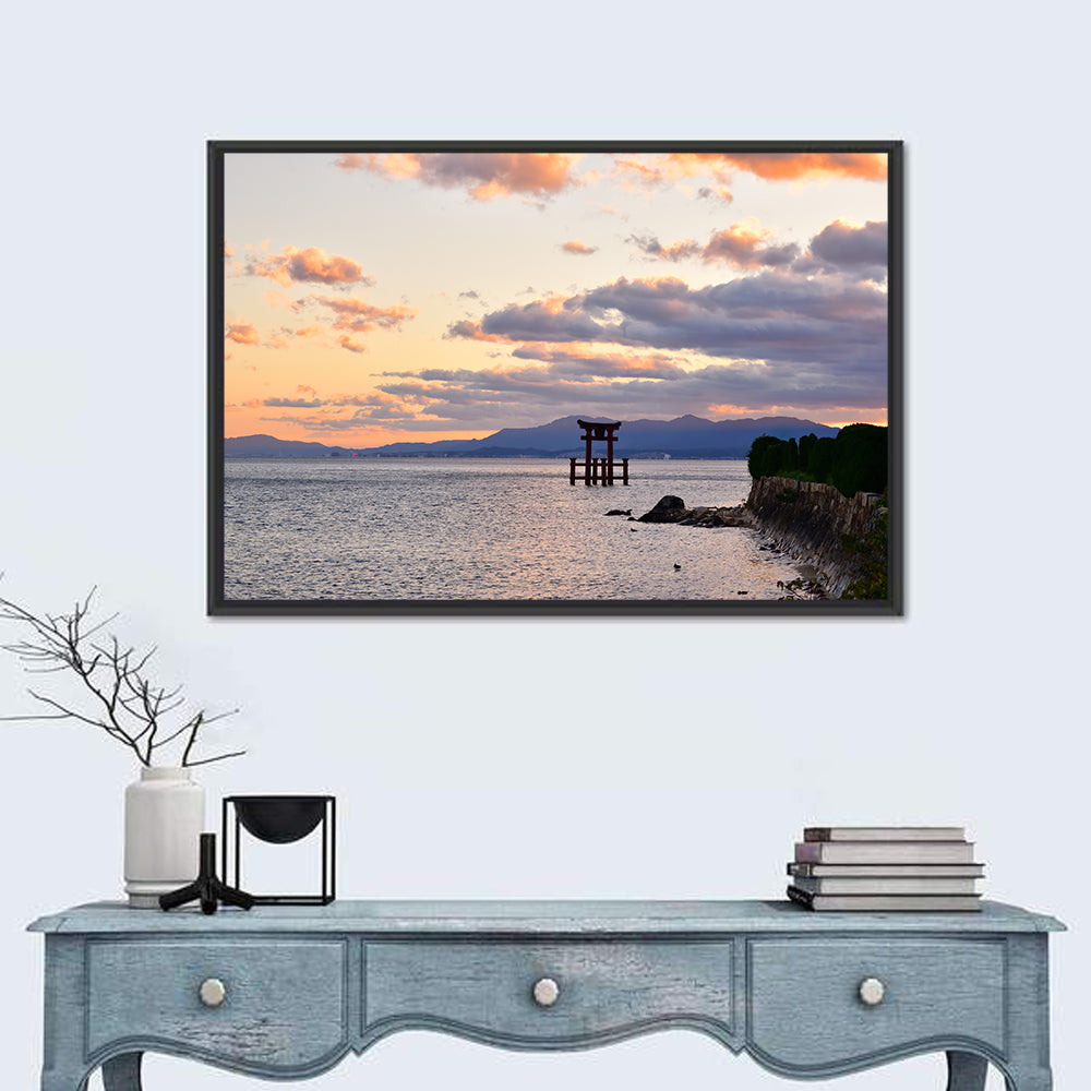 Itsukushima Torii Gate Sunset Wall Art in a room, landscape