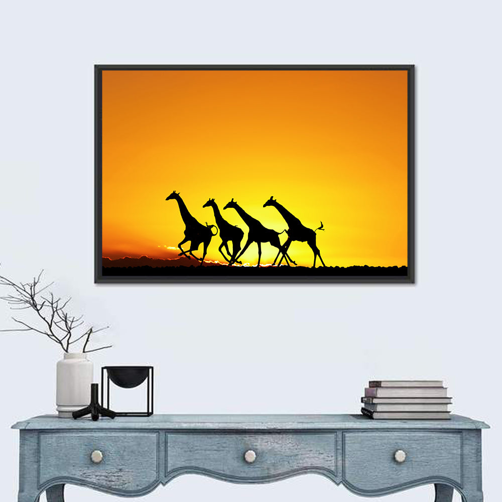 Savanna Giraffes at Sunset Wall Art in a room, landscape