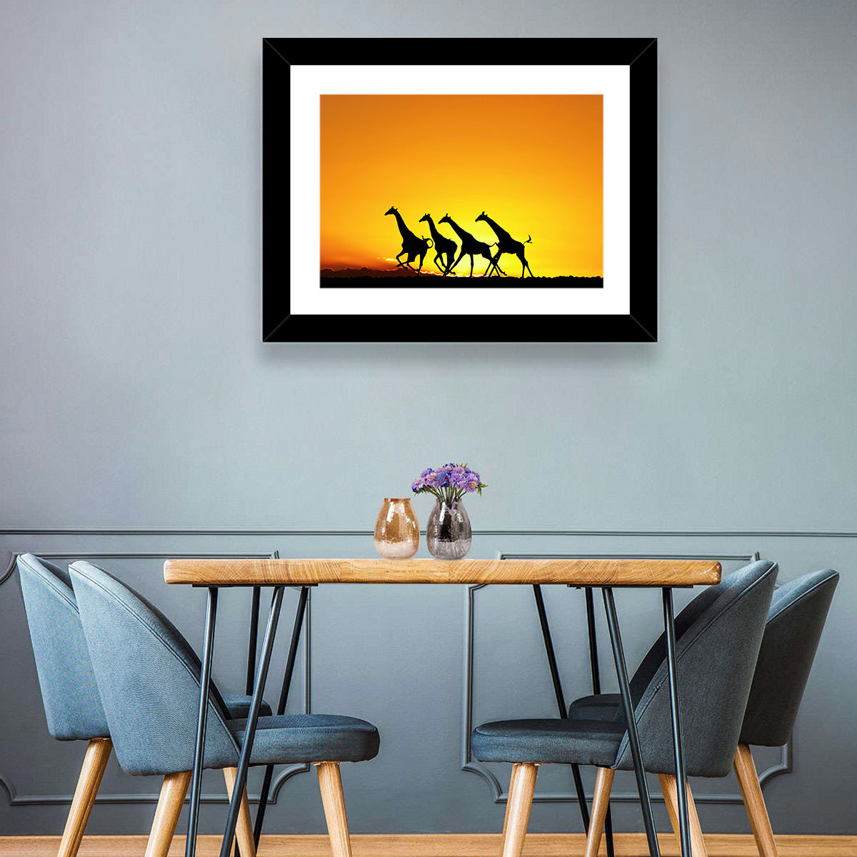 Savanna Giraffes at Sunset Wall Art in a room, landscape