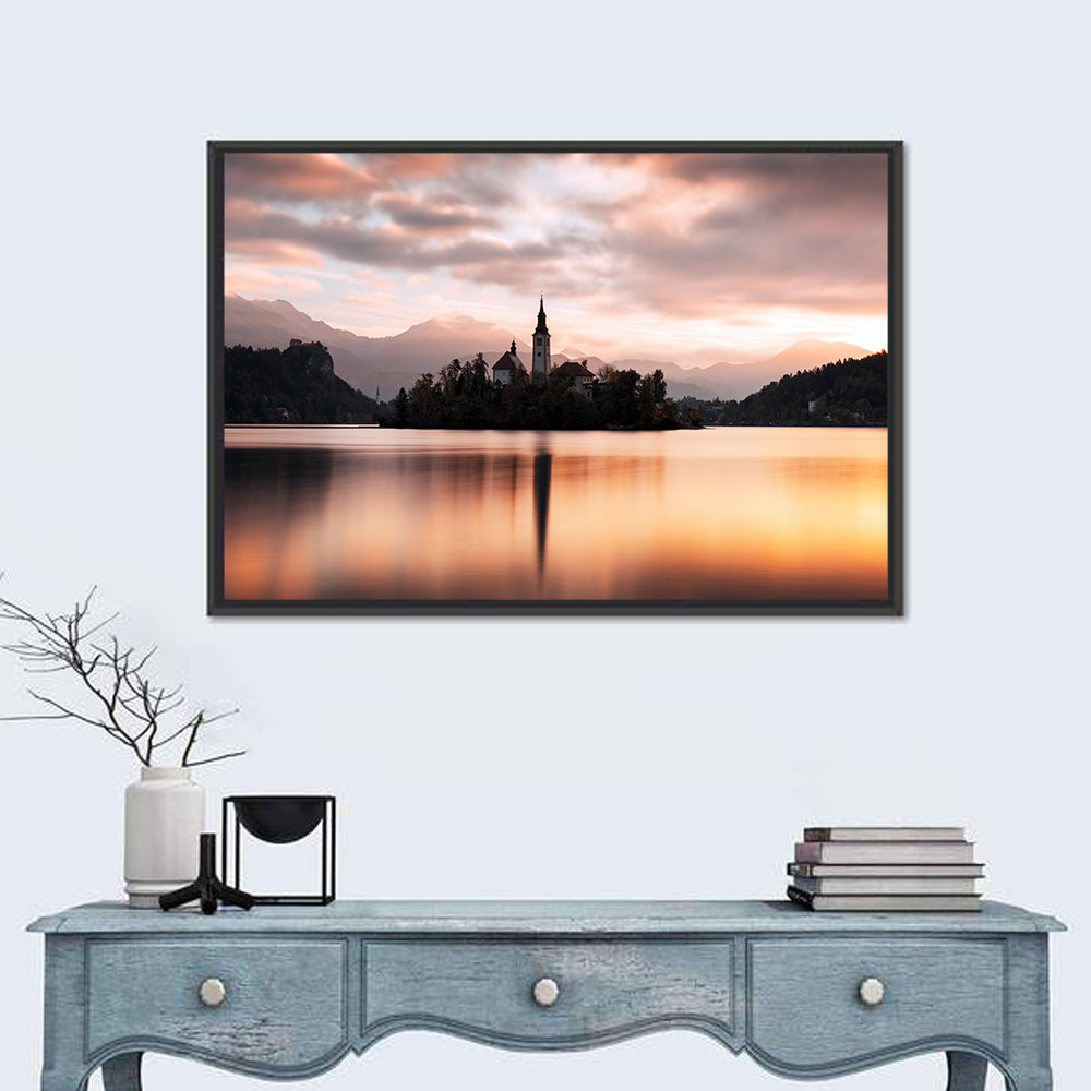Sunrise Over Bled Island Wall Art in a room, landscape