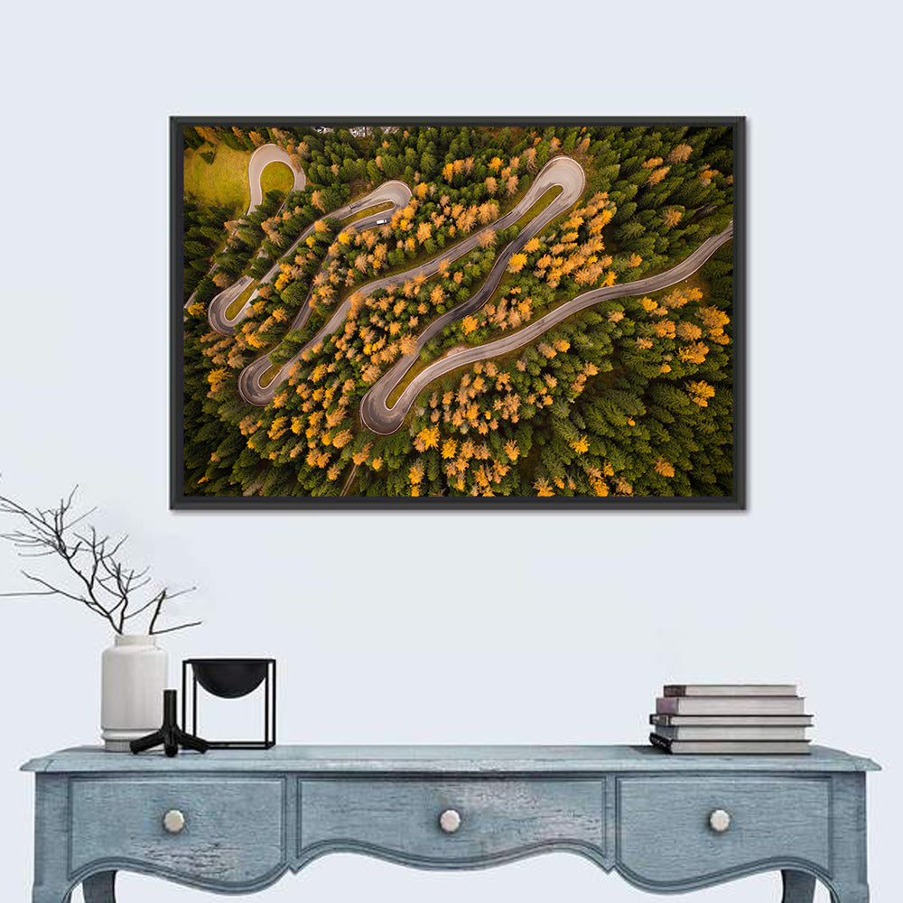 Aerial Curvy Forest Road Wall Art in a room, landscape