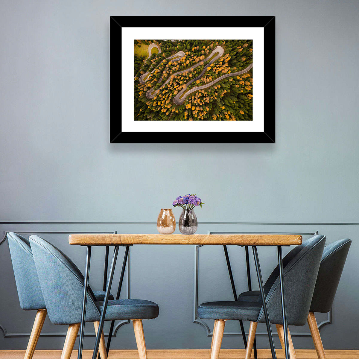 Aerial Curvy Forest Road Wall Art in a room, landscape