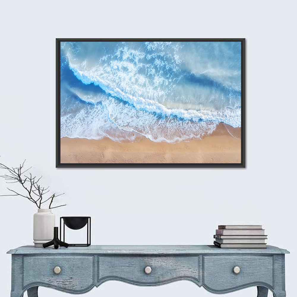 Aerial Turquoise Beach Waves Wall Art in a room, landscape