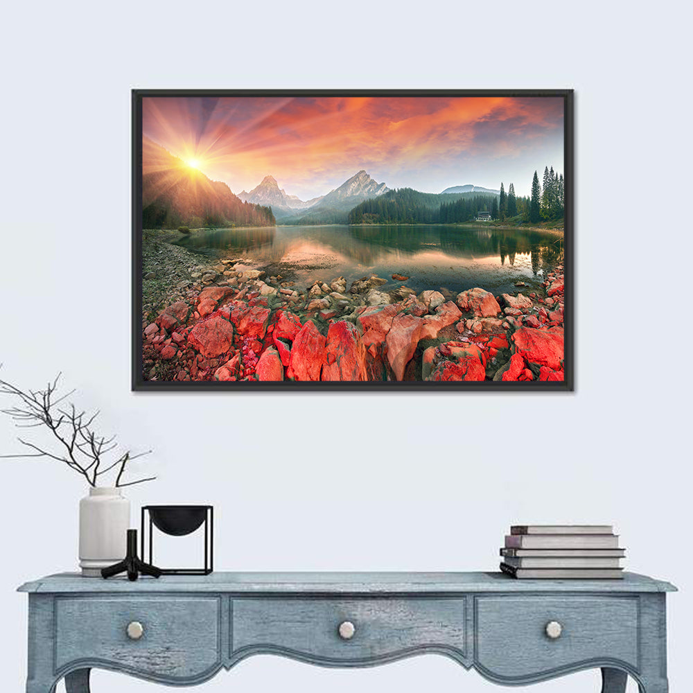 Obersee Sunrise Over Red Rocks Wall Art in a room, landscape
