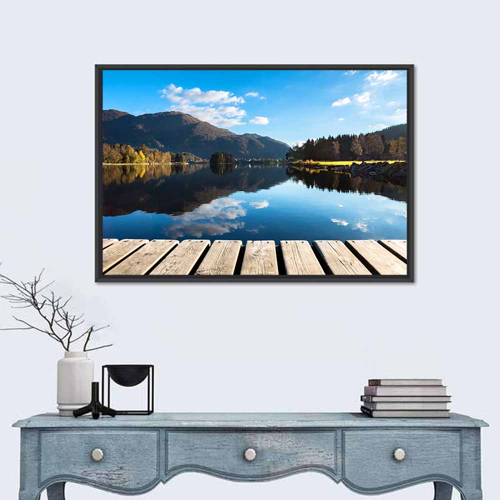 Mountain Lake Boardwalk Reflection Wall Art in a room, landscape