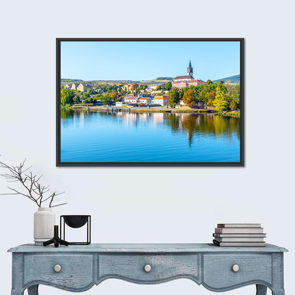 Roudnice Castle Riverbank Reflections Wall Art in a room, landscape