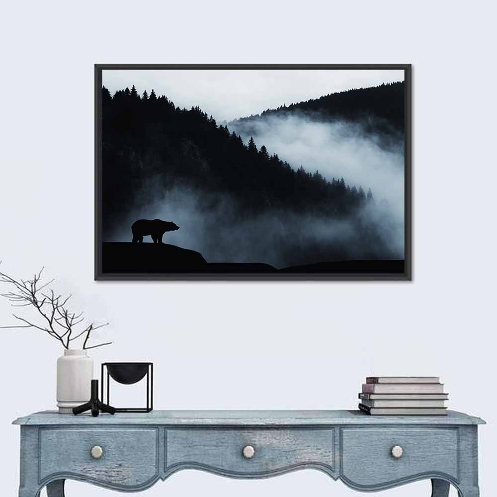 Bear Silhouette on Misty Cliff Wall Art