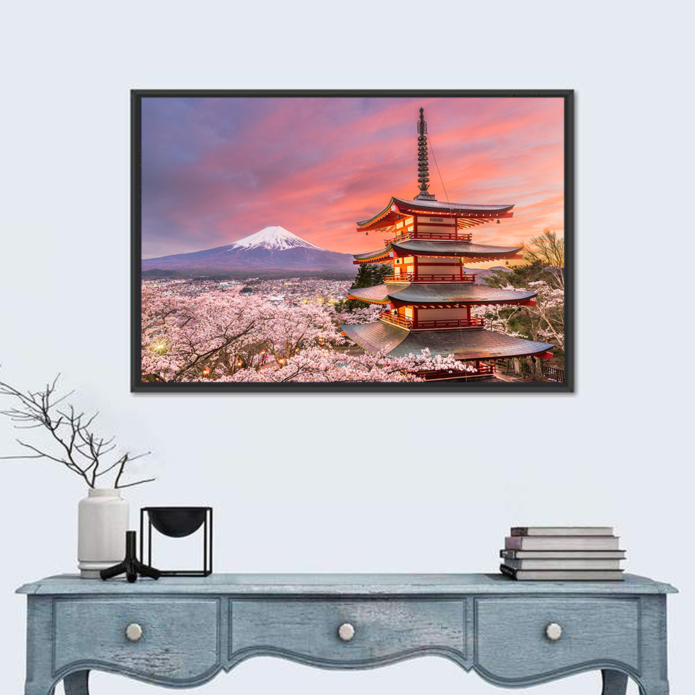 Chureito Pagoda and Mount Fuji at Sunset Wall Art in a room, landscape