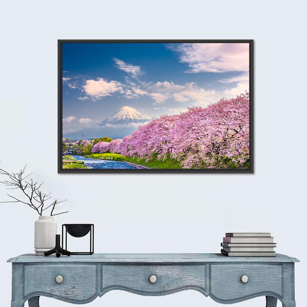Mount Fuji Cherry Blossoms Wall Art in a room, landscape