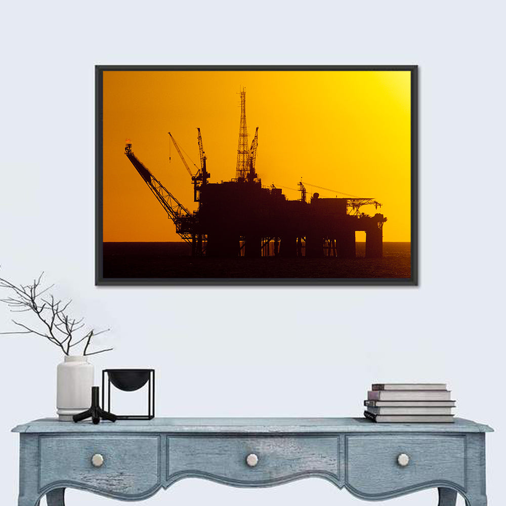 Oil Rig Silhouette at Sunset Wall Art in a room, landscape