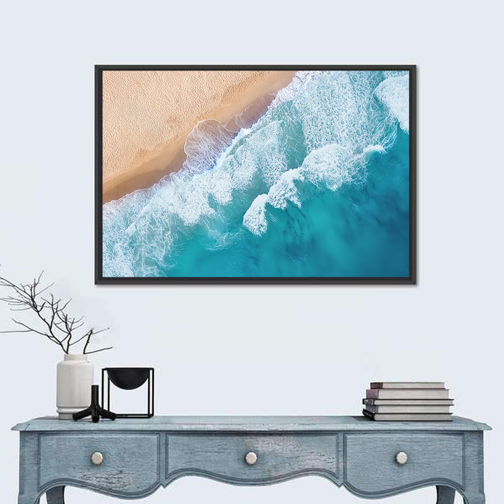 Aerial Turquoise Beach Waves Wall Art in a room, landscape