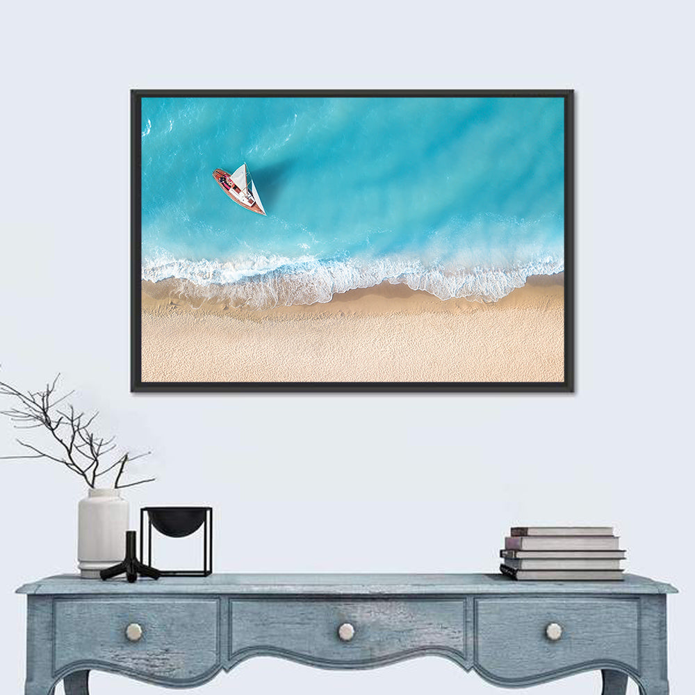 Centered Sailboat Over Turquoise Sea Wall Art in a room, landscape