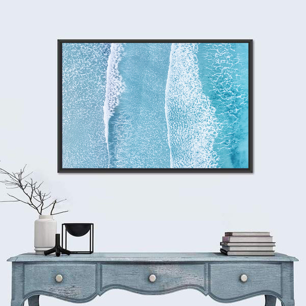 Twin Breaking Waves Over Turquoise Sea Wall Art in a room, landscape