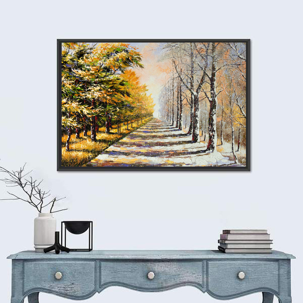 Autumn to Winter Forest Path Wall Art in a room, landscape